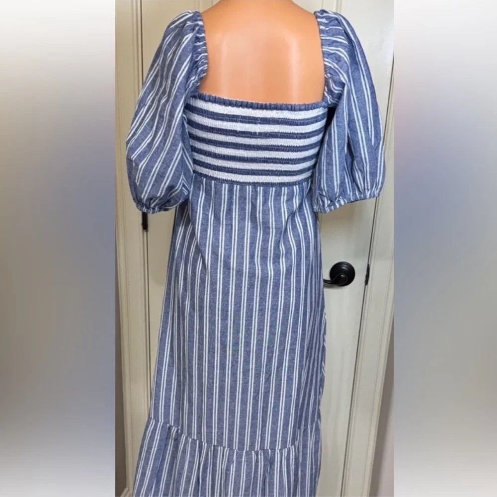 Emerson Fry Love Tomas Blue White Stripe Smocked Maxi Dress Cotton M/L - Picture 3 of 5